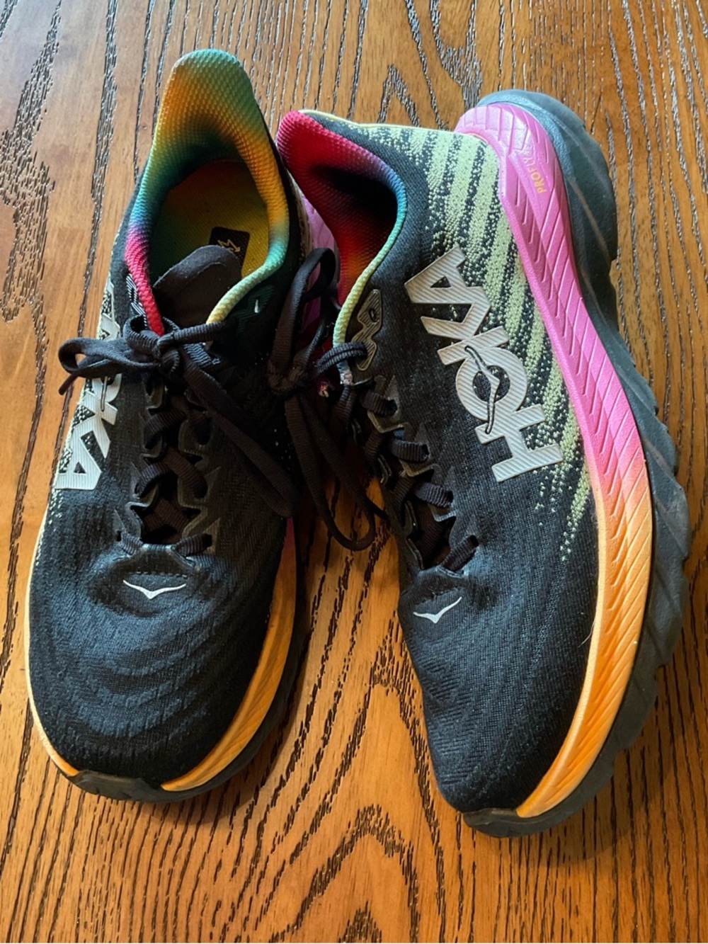 Hoka - Mach 5 Black Running Shoe with Neon Stripe and Pink-Orange Midsole. SZ 7